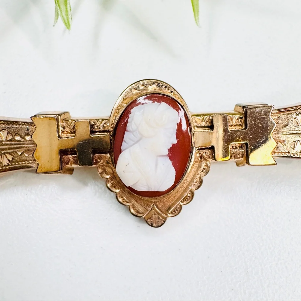 Antique Victorian 1880s 10k Rose Gold Filled Carnelian Cameo Bar Brooch